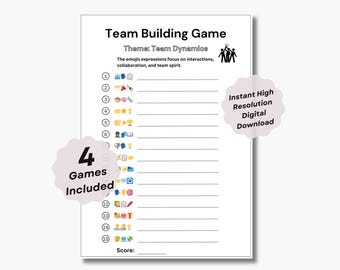 4 Teambuilding Emoji Pictionary-spel - Kontorsspel - Team Pictionary - Utskrivbart spel - Interaktiva teambuilding-spel - Gissa frasen