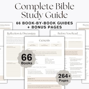Può includere: Una guida di studio biblico completa con 66 guide libro per libro e pagine bonus. Il set di documenti include sezioni intitolate Scripture Connections, Reflection & Discussion, Theme Tracker, Favorite Verses e Bible Reading Tracker.