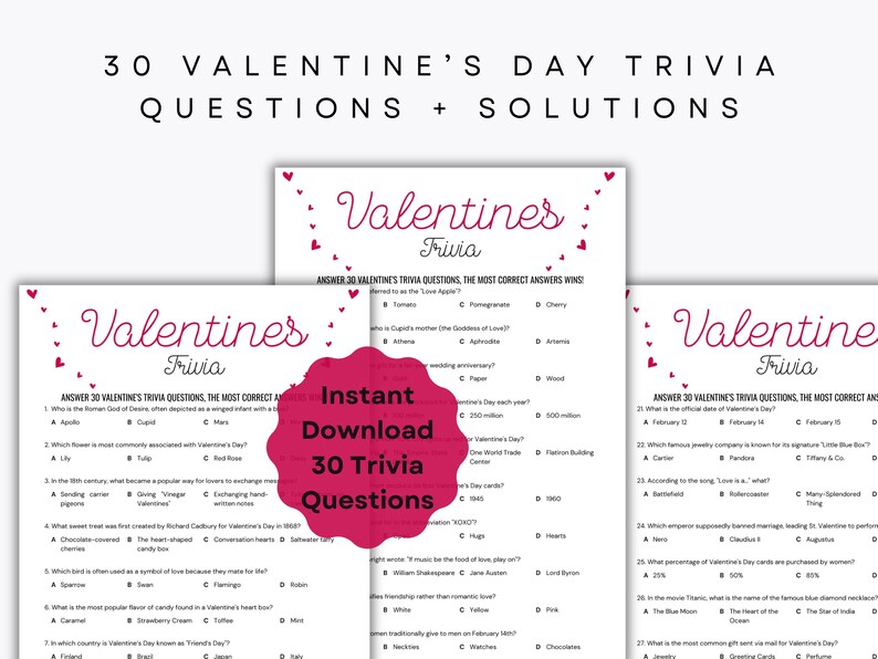 Valentine's Day Trivia Game - 30 Trivia Questions - Afternoon Party ...