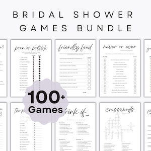 May include: A collection of printable bridal shower games, including "What's on your phone?", "Porn or Polish", and "Never or Ever". The games are printed in black ink on white paper. The bundle includes over 100 games.