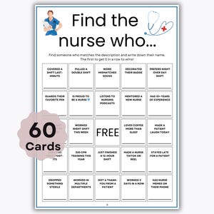 Encuentra a la enfermera que… - Bingo imprimible para romper el hielo de la Semana de la Enfermería - 60 tarjetas - Encuentra a alguien que - Preguntas para romper el hielo - Juego de la Semana de la Enfermería