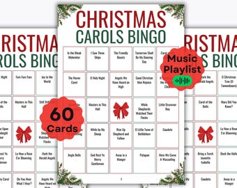 Christmas Carols Bingo Game - 60 Unique Prefilled Bingo Sheets - Ready-To-Play - Christmas Party Game - Bingo Spotify Playlist, Holiday Game