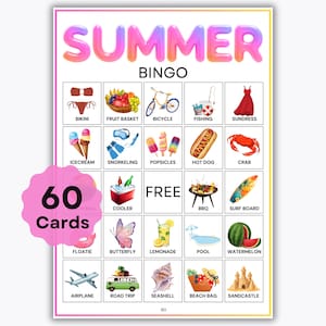 Bingo d'été - 60 cartes - Jeu d'été imprimable - Activité divertissante pour les enfants et les adultes - Idéal pour les fêtes de famille, les barbecues et les divertissements en plein air