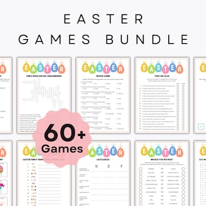 May include: An Easter Games Bundle with over 60 games, including trivia, crossword puzzles, and scavenger hunts. The bundle features colorful designs with Easter egg and bunny graphics, perfect for family fun.
