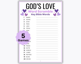 Gods Love Word Scramble Games - 5 Printable Games - Church Games - Bible Words - Christian Symbols - Women's Ministry - Sunday School Game