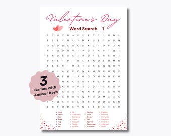 Valentine's Word Search Game - 3 Printable Puzzles - Fun Worksheet - Printable Game - Valentine's Day Word Search - Fun Valentine's Game