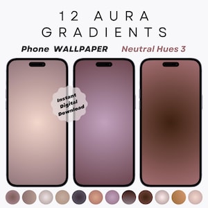 May include: Three phone wallpapers with gradient backgrounds in neutral hues of brown, pink, and purple. The wallpapers are labeled "Neutral Hues 3".