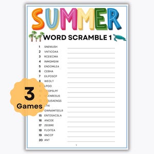 Juegos de palabras revueltas de verano - 3 juegos de verano imprimibles - Actividad familiar divertida de verano - Juego de aula para niños - Fin de año - Diversión familiar