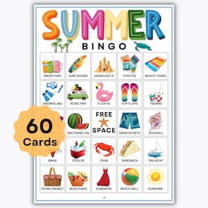 Bingo d'été - 60 cartes - Jeu d'été imprimable - Activité divertissante pour les enfants et les adultes - Idéal pour les fêtes de famille, les barbecues et les divertissements en plein air