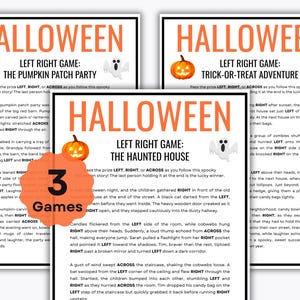 May include: Three Halloween-themed game cards with orange text and pumpkin and ghost illustrations. The games are titled "The Pumpkin Patch Party", "Trick-or-Treat Adventure", and "The Haunted House".