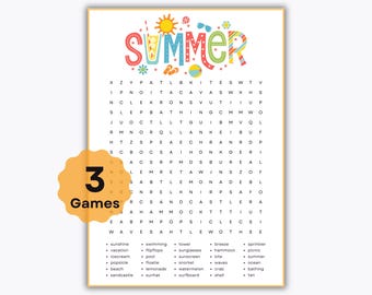 Summer Word Search Games - 3 Printable Summtertime Games - Fun Summer Family Activity - Kids Classroom Game - End of Year - Family Fun