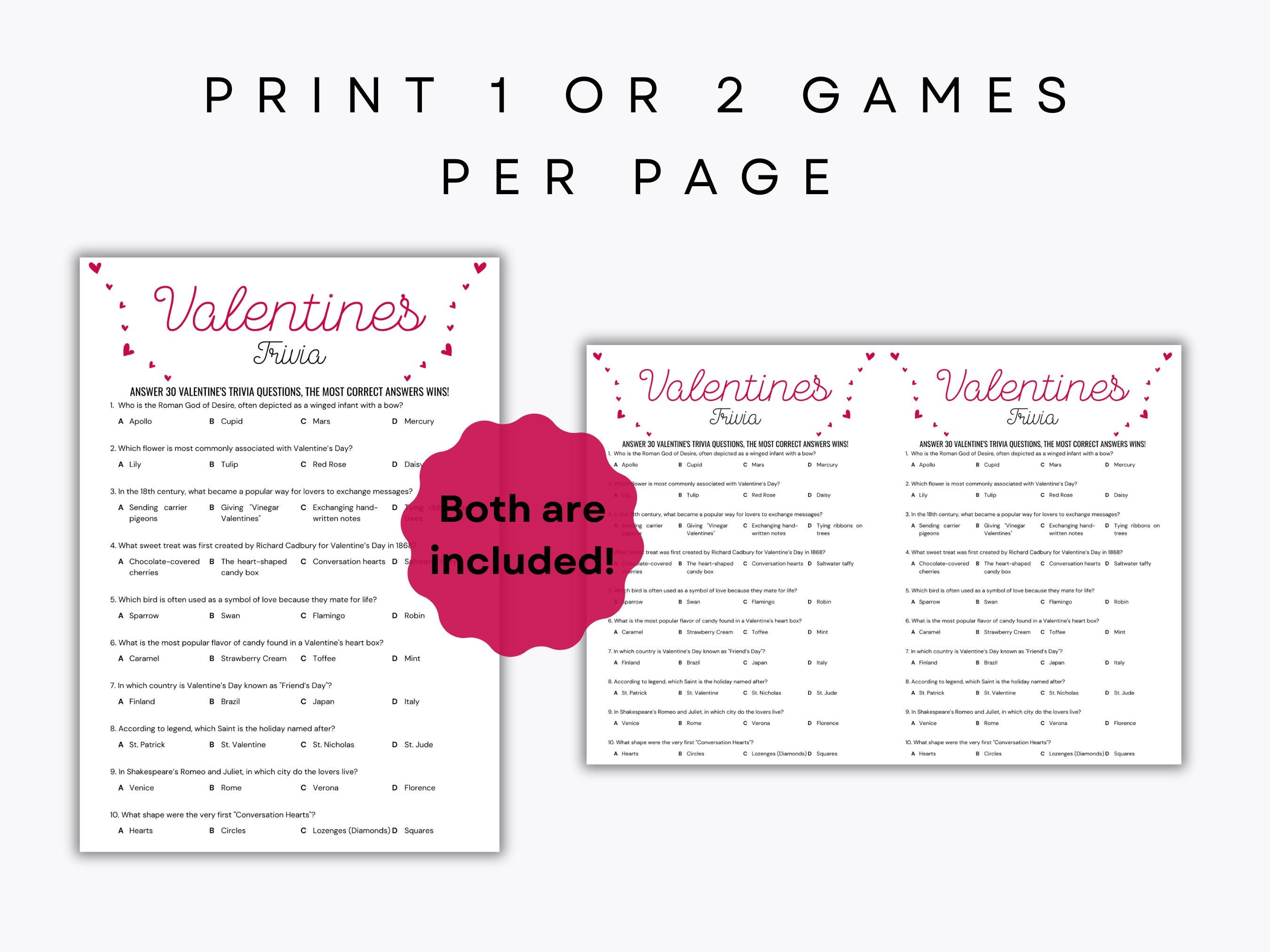 Valentine's Day Trivia Game - 30 Trivia Questions - Afternoon Party ...