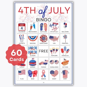 Bingo du 4 juillet – 60 cartes – Activité imprimable pour le jour de l'indépendance – Jeu familial amusant – Jeu pour la fête – Barbecue pour le jour de l'indépendance