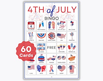4th of July Bingo – 60 Cards – Printable Independence Day Activity – Fun Family Game – Celebration Party Game – Independance Day BBQ
