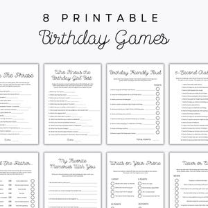 8 juegos de cumpleaños - Juegos de fiesta imprimibles - Cumpleaños de adultos - Disputa amistosa - Los mejores deseos - Cumpleañera - Quién la conoce mejor - Opciones de impresión