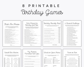 8 jogos de aniversário - jogos de festa para imprimir - aniversário adulto - briga amigável - melhores desejos - aniversariante - quem a conhece melhor - opções de impressão