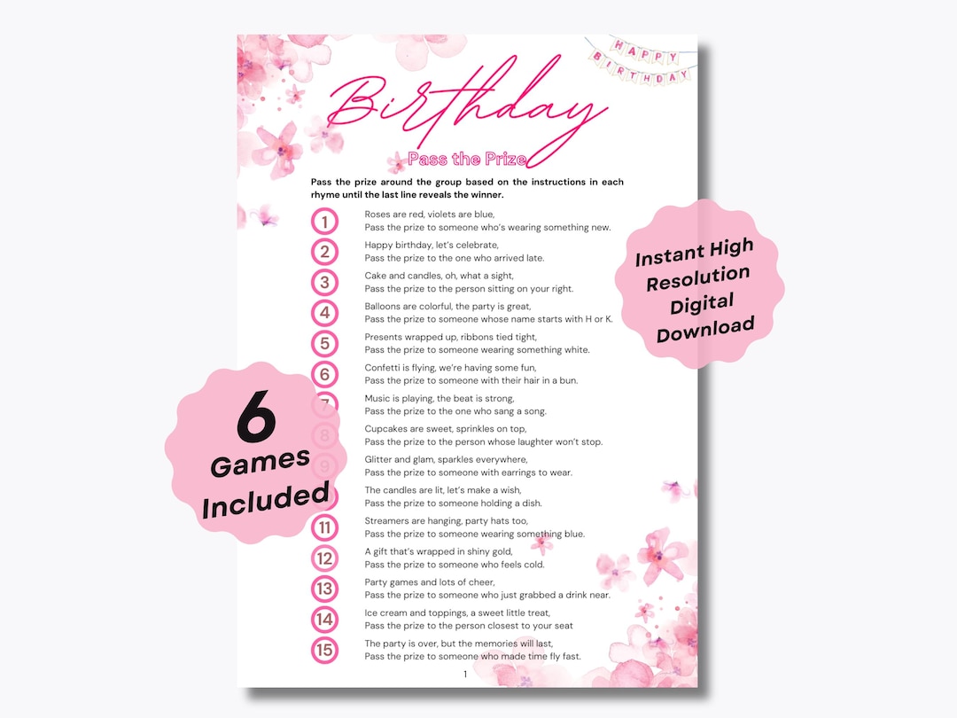 Pass the Prize Birthday Pink Game - 6 Pass the Prize Printables - Teen ...