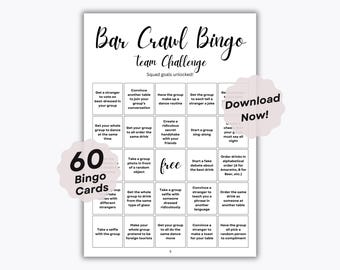 60 Bar Crawl Bingo Cards - Team Challenge - 60 Unique Bingo Sheets - Icebreaker Group Game - Bar Hopping Activity - Bachelorette Party