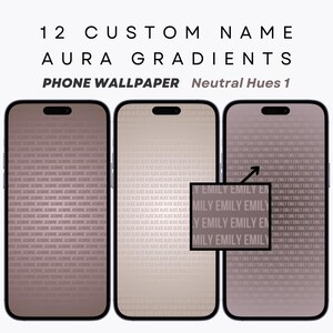 Può includere: Tre mockup di telefono che mostrano uno sfondo sfumato con un motivo sottile. La sfumatura passa da un marrone chiaro a un marrone scuro. Il testo "12 CUSTOM NAME AURA GRADIENTS PHONE WALLPAPER Neutral Hues 1" è visualizzato sopra i mockup.