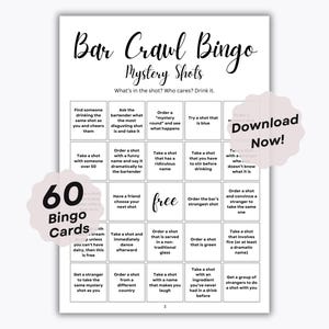60 Kneipenkriechen Bingo Karten - Mystery Shots Edition - 60 einzigartige Bingo Blätter - Eisbrecher Fragen - Kneipenbummel Aktivität - Junggesellenparty
