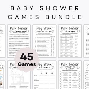 May include: A bundle of baby shower games printed on white paper. The text "BABY SHOWER GAMES BUNDLE" is at the top. The games include trivia, scavenger hunts, and "Would You Rather?" The number "45" is in the center.