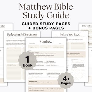 Könnte beinhalten: Ein Matthäus-Bibelstudienführer mit geführten Studienseiten und Bonusseiten. Das Dokument enthält Abschnitte mit den Titeln Study Notes, Reflection & Discussion, Before You Read, Favorite Verses und Matthew Notes in einem beigen und schwarzen Layout.