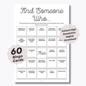 Eisbrecher Bingo - 60 Einzigartige Bingo Blätter - Finde jemanden der - Eisbrecher Fragen - Dinner Party Gesprächsstarter - Büropartys
