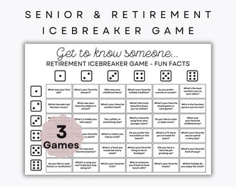 Retirement Ice Breaker Dice Game - 3 Different Versions - Get to know you - Deep Connections - Fun Facts - Act it out - Senior Party games