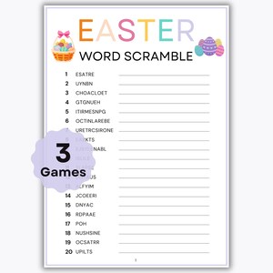 May include: A printable Easter word scramble game with 20 words to unscramble. The game is designed for 3 games. The words are printed in black text on a white background. The title of the game is "Easter Word Scramble" and is printed in colorful letters. The game is decorated with images of Easter eggs.