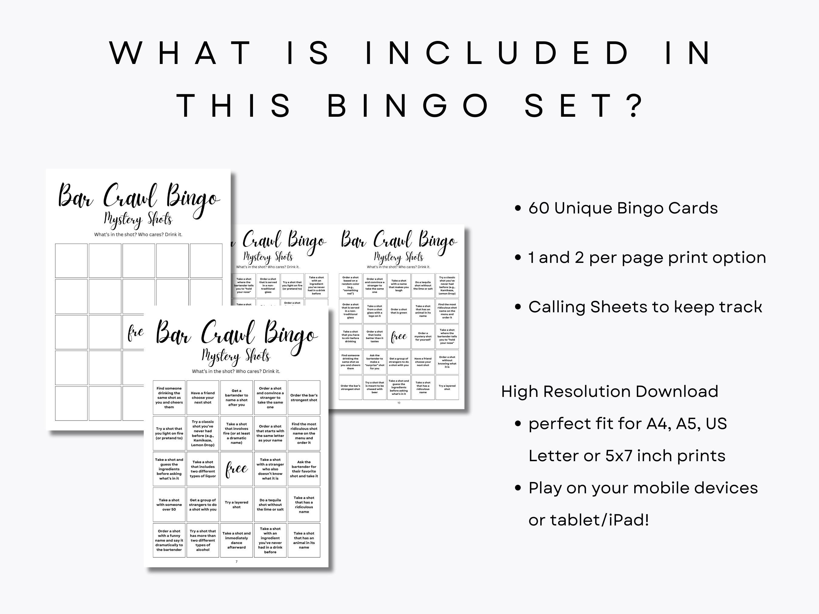 60 Bar Crawl Bingo Cards - Mystery Shots Edition - 60 Unique Bingo ...