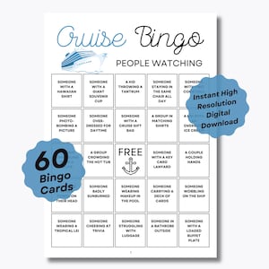 Cruisebingo: mensen kijken – 60 unieke vooraf ingevulde bingokaarten – kant-en-klaar – leuk voor cruises, reizen en vakanties – gezinsvriendelijk spel