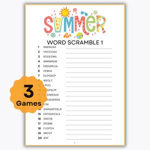 Juegos de palabras revueltas de verano - 3 juegos de verano imprimibles - Actividad familiar divertida de verano - Juego de aula para niños - Fin de año - Diversión familiar