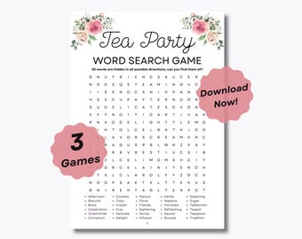 3 Tea Party Word Search Games - 3 Printable Puzzles - Fun Worksheet - Printable Game - Family Holiday Games - Birthday Game - Get together