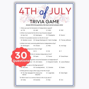4th of July Trivia Game - 30 Trivia Questions - Independence Day Party - Printable Patriotic Game - United States of America Knowledge