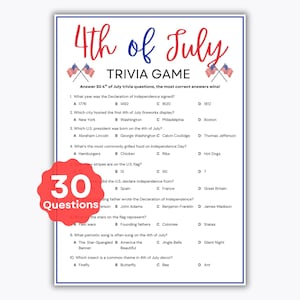 4th of July Trivia Game - 30 Trivia Questions - Independence Day Party - Printable Patriotic Game - United States of America Knowledge