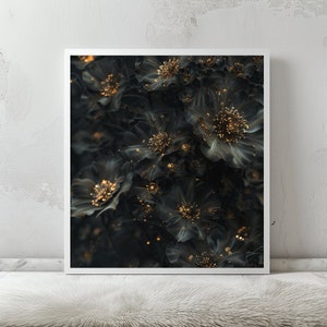 May include: A close-up of a cluster of dark, almost black, flowers with gold accents. The flowers have a textured, almost velvety appearance.