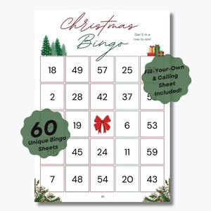 Jogo de Bingo de Natal - 60 folhas de bingo exclusivas pré-preenchidas - Pronto para jogar - Jogo de festa de Natal - Jogo de feriado - Jogo de Natal para a família