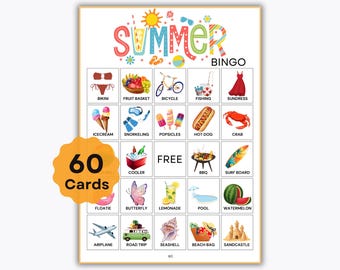 Summer Bingo – 60 Cards – Printable Summer Game – Entertaining Activity for Kids & Adults – Great for Family Parties, BBQs and Outdoor Fun