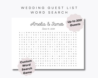 May include: A printable wedding guest list word search puzzle for Amelia & James, with a June 15, 2025 date. The puzzle has a light gray background with black text and is designed for up to 300 guests.