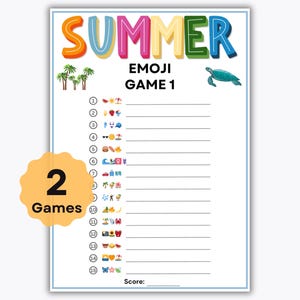 May include: A white paper with the word "SUMMER" in colorful bubble letters, and the text "EMOJI GAME 1". The image includes a sea turtle, palm trees, and emoji-based puzzles. A yellow badge says "2 Games".