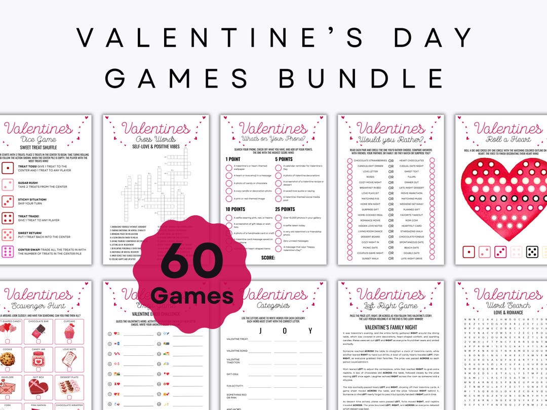 Valentine's Games Bundle – 60 Printable Games – Valentines Activities ...
