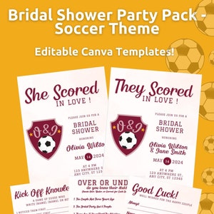 Puede incluir: Paquete de fiesta de despedida de soltera imprimible con temática de fútbol. La invitación presenta un escudo burdeos con un balón de fútbol y el texto "She Scored in Love!" y "They Scored in Love!" Las tarjetas de juego presentan un balón de fútbol y el texto "Kick Off Knowle" y "Over or Und".