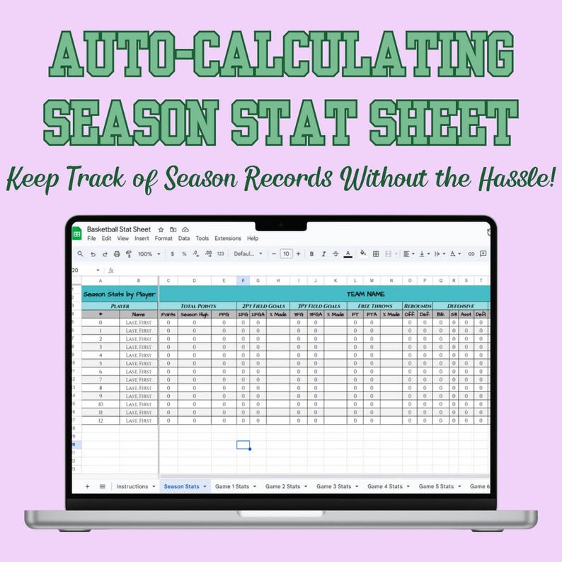 Dynamic Basketball Stats Spreadsheet | Google Sheets Season Tracker ...