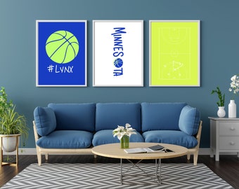 Minnesota Lynx WNBA drieluik digitale download | Set van 3 WNBA-muurkunstafdrukken | Perfect voor basketbalfans