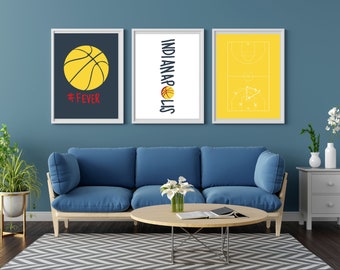 Indiana Fever WNBA drieluik digitale download | Set van 3 WNBA kunstafdrukken aan de muur | Perfect voor basketbalfans