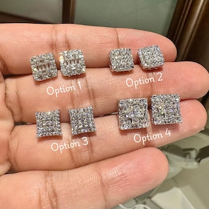 Men's Real 925 Solid Sterling Silver Earrings 8-10mm | Hip Hop Iced Out CZ Diamond Square Stud Earrings for Men | Earring Gifts For Him