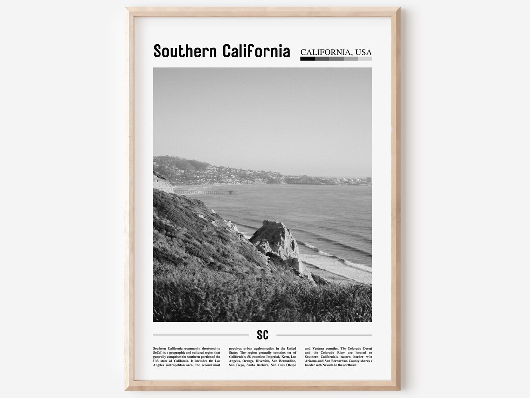 Affiche de la Californie du Sud en noir et blanc, impression de la