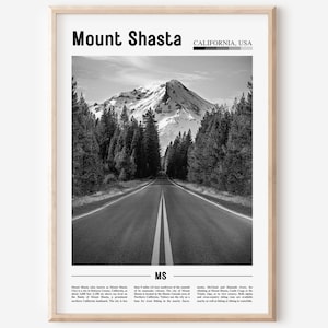 Mount Shasta Poster schwarz und weiß, Mount Shasta Druck schwarz und weiß, Mount Shasta Wandkunst, Minimal Travel Print, Reise Poster