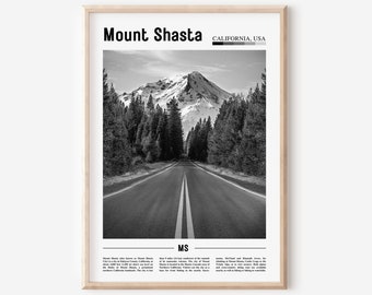 Cartel del Monte Shasta en blanco y negro, Impresión del Monte Shasta en blanco y negro, Arte de la pared del Monte Shasta, Impresión de viaje mínima, Cartel de viaje