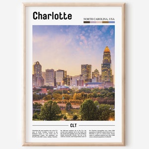 Impresión de Charlotte, cartel de Charlotte, arte de pared de Charlotte, cartel de pintura al óleo, impresión de ciudad colorida, arte de la ciudad, arte de viaje, arte de pared de viaje